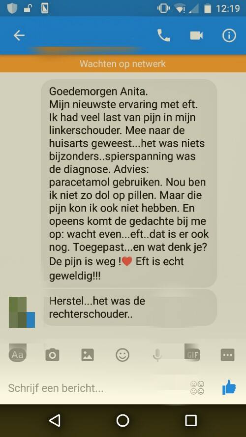 Pijnlijke schouder. Screenshot facebookchat